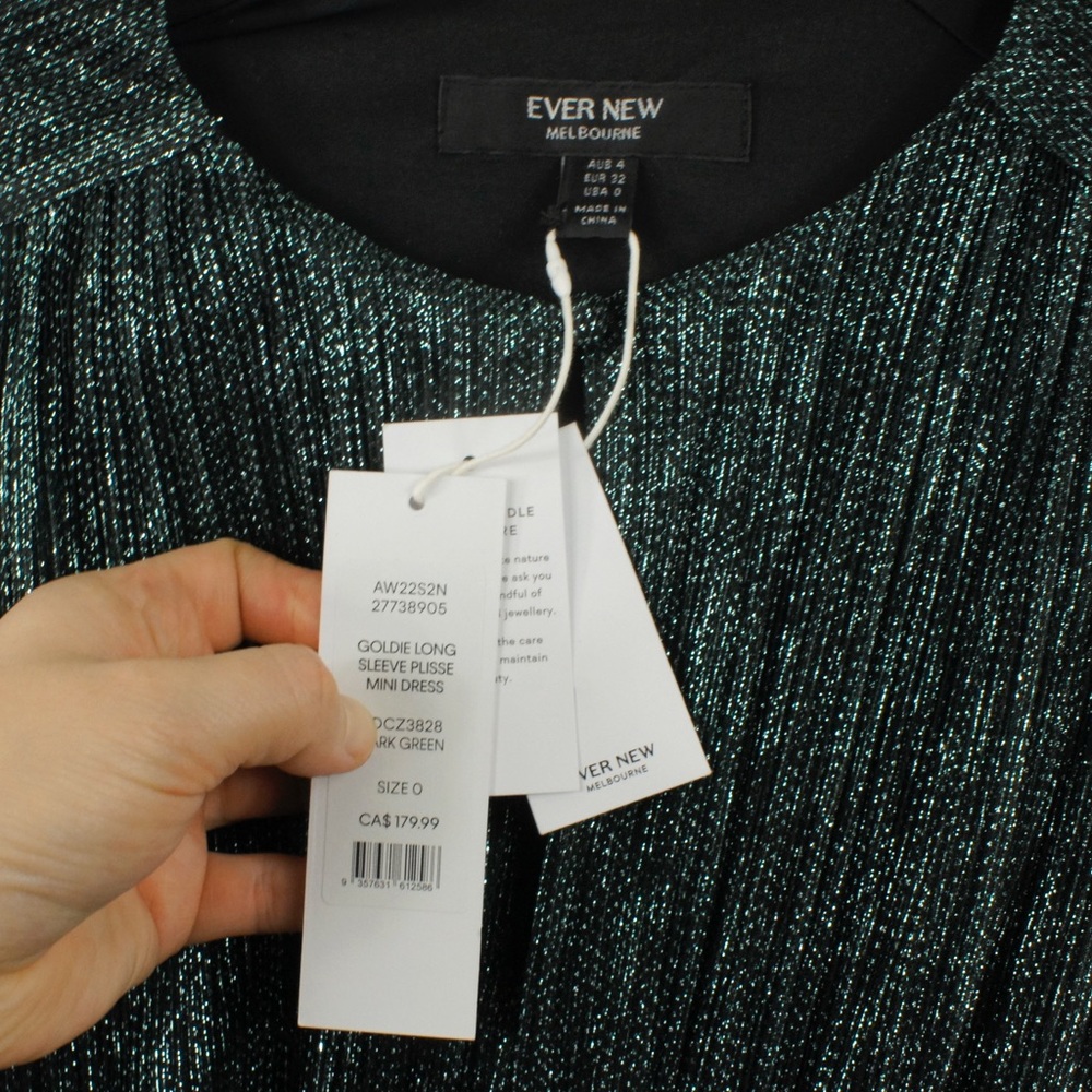 NWT Ever New Goldie Long Sleeve Plisse Dark Green Mini Dress - Picture 7 of 9
